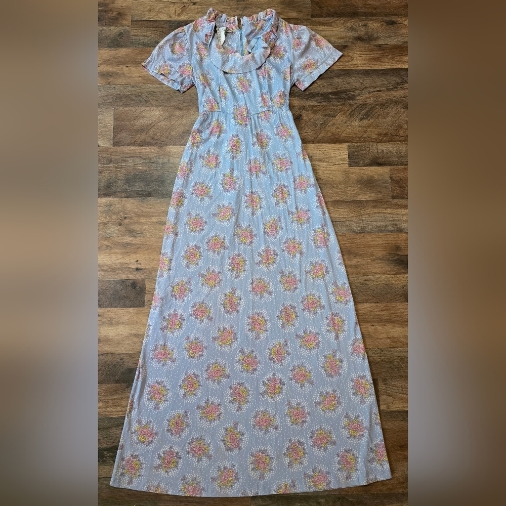 Vintage 1970's Allegro New York Blue Floral Spring Ruffle Maxi Dress Size 13